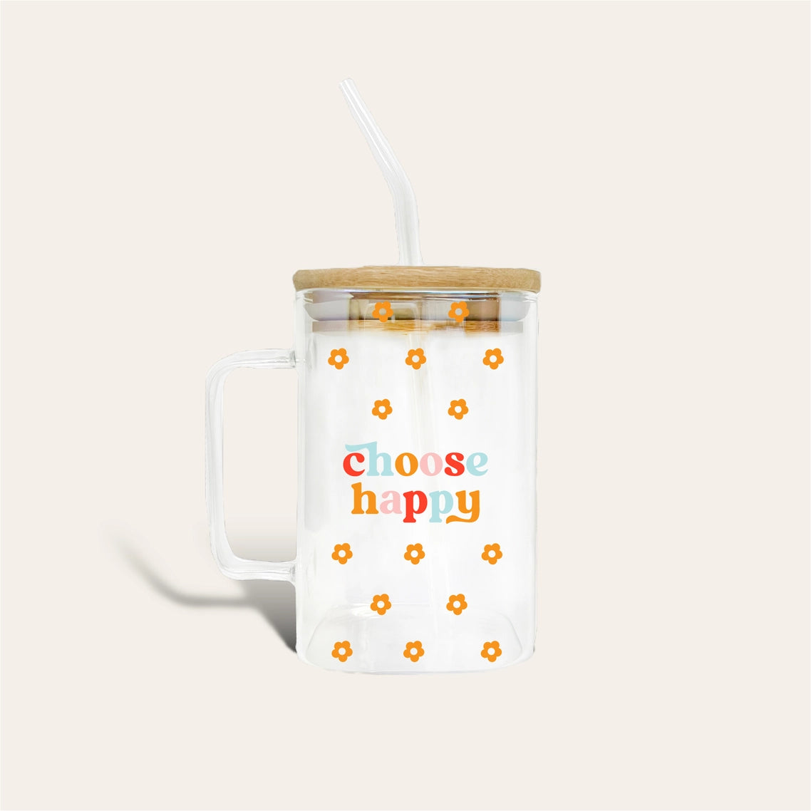 Choose Happy Glass Cup with Glass Straw