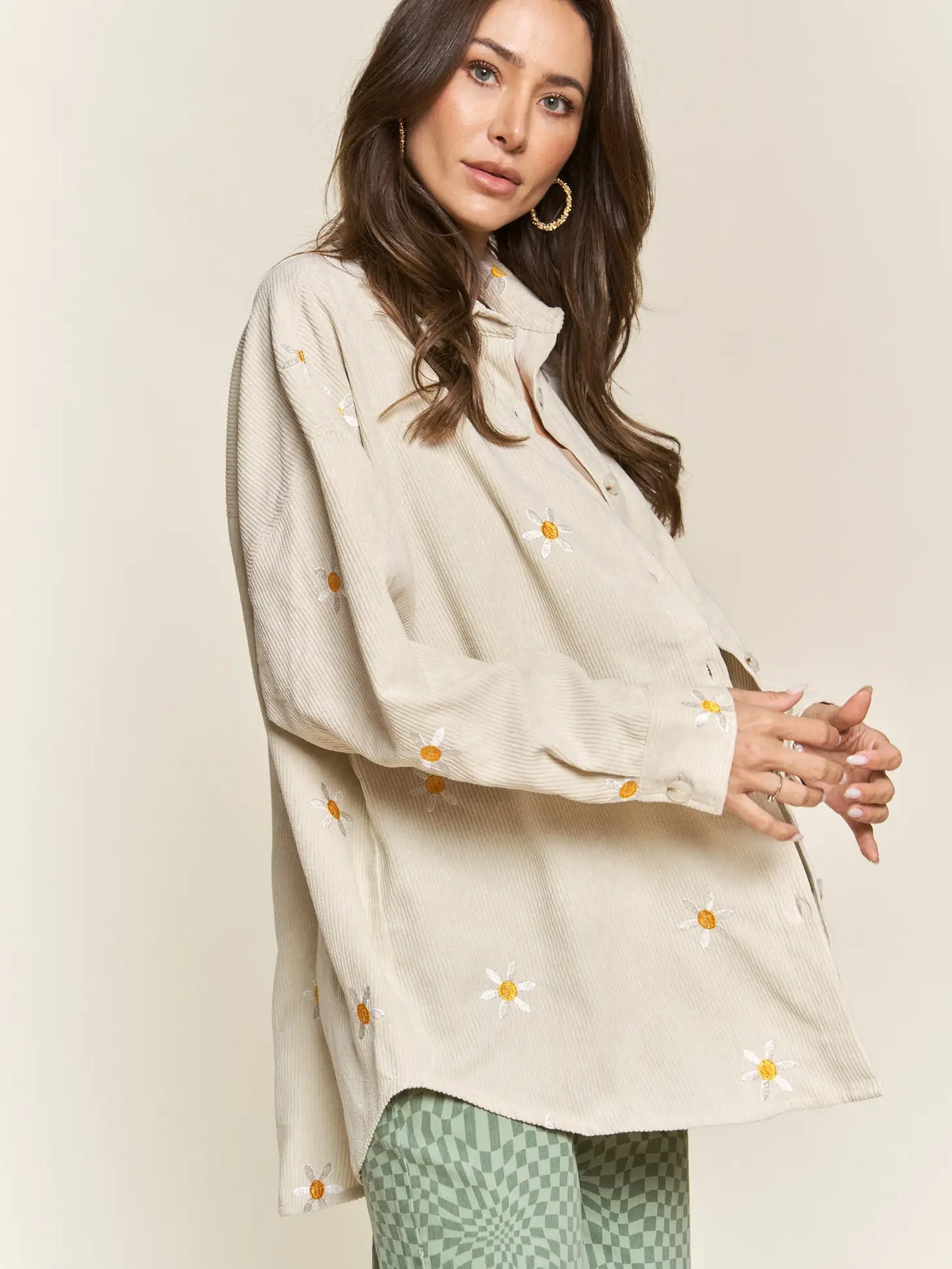 Almond Daisy Embroidered Corduroy Button Down